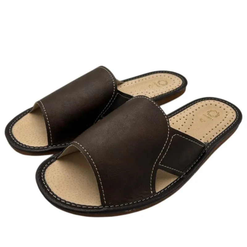 Brązowe kapcie męskie R.46 domowe z profilowaną skórzaną wkładką KM-14-BR-46