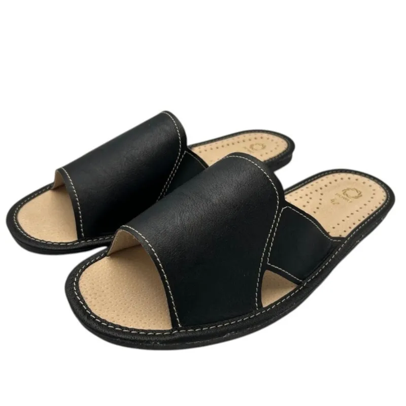 Kapcie męskie R.45 czarne ze skórzaną wkładką komfort dla Twoich stóp KM-14-BL-45