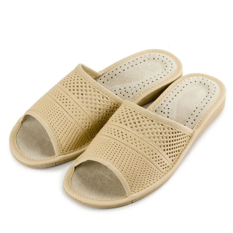 Lekkie kapcie klapki R.41 damskie do domu ażurowe, skórzane wnętrze KD-07-BG-41