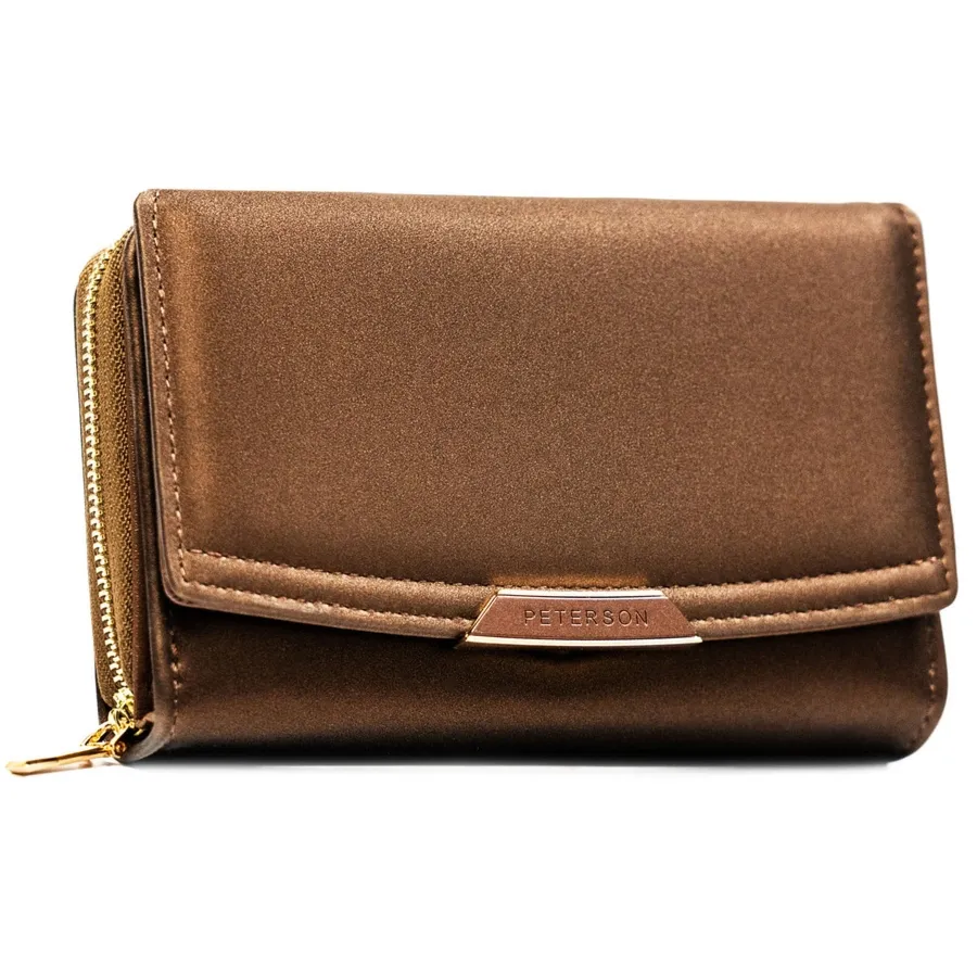 Brązowy portfel damski ze skóry ekologicznej zamykany na zatrzask i suwak - Peterson
