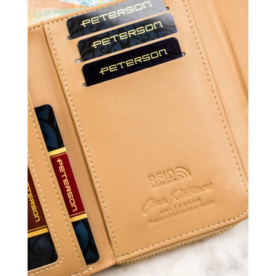 Elegancki portfel damski ze skóry ekologicznej w beżowym kolorze ze wzorem w kwiaty - Peterson
