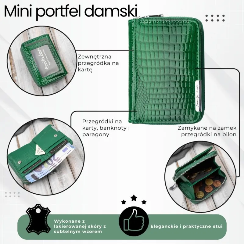 Portfel damski skórzany mini zielony skóra naturalna lakierowana croco SP-18-CGRN