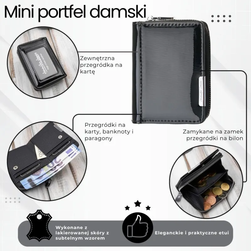 Portfel damski skórzany mini czarny skóra naturalna lakierowana SP-18-BL