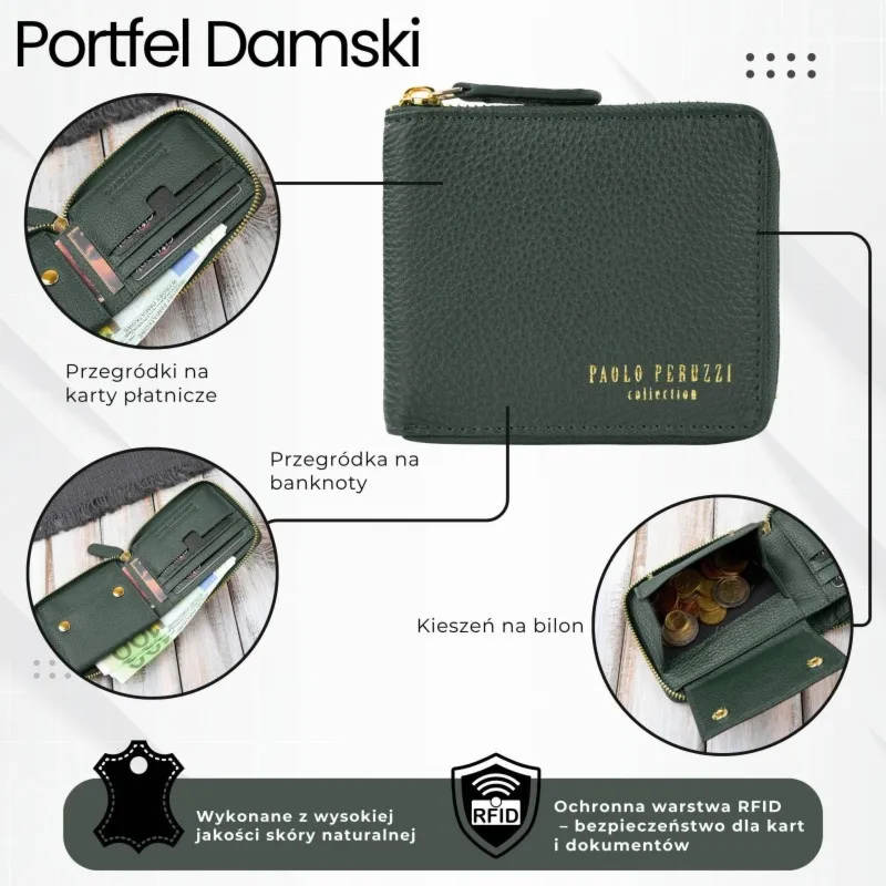 Portfel damski skórzany mały ciemnozielony w orientacji poziomej z RFID Paolo Peruzzi KV-04-DGR