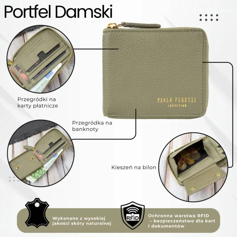 Portfel damski skórzany mały zielony w orientacji poziomej z RFID Paolo Peruzzi KV-04-GR