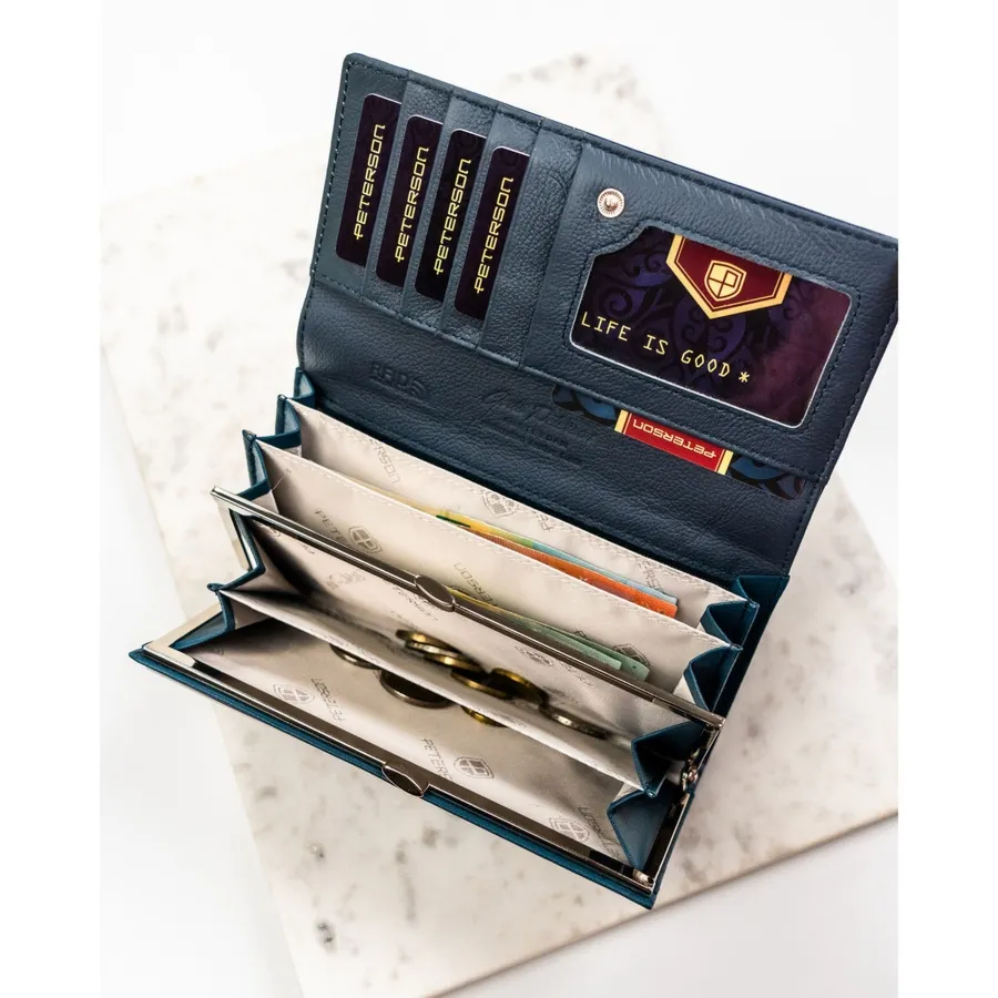 Duży, poziomy portfel damski ze skóry naturalnej i ekologicznej w granatowym kolorze - Peterson