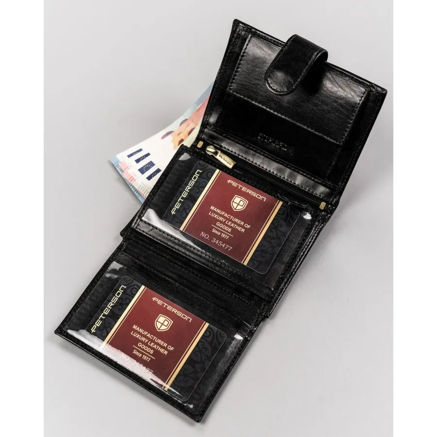 Duży portfel męski wykonany ze skóry naturalnej w czarnym kolorze, wyposażony w system RFID - Peterson