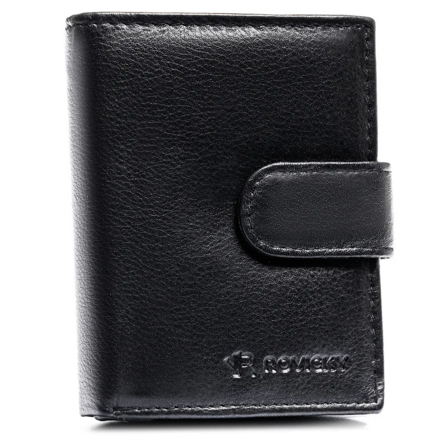 Pionowy portfel męski ze skóry naturalnej w czarnym kolorze zamykany zatrzaskiem - Rovicky
