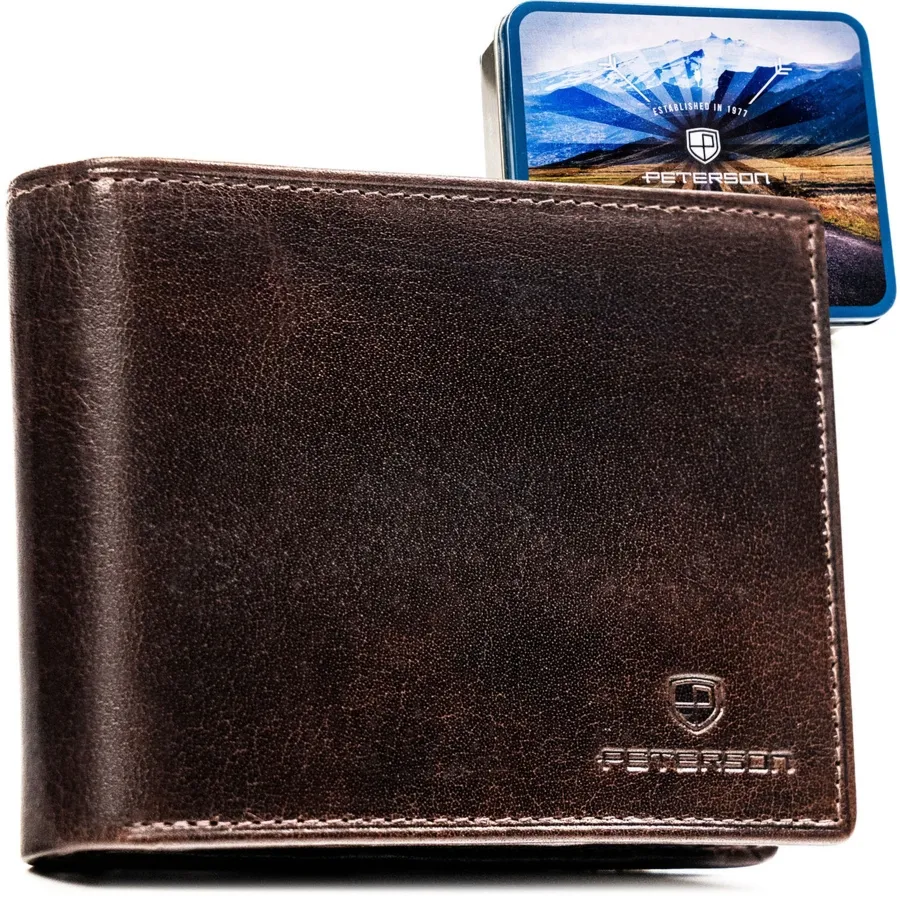 Duży portfel męski ze skóry naturalnej w brązowym kolorze wyposażony w system RFID - Peterson