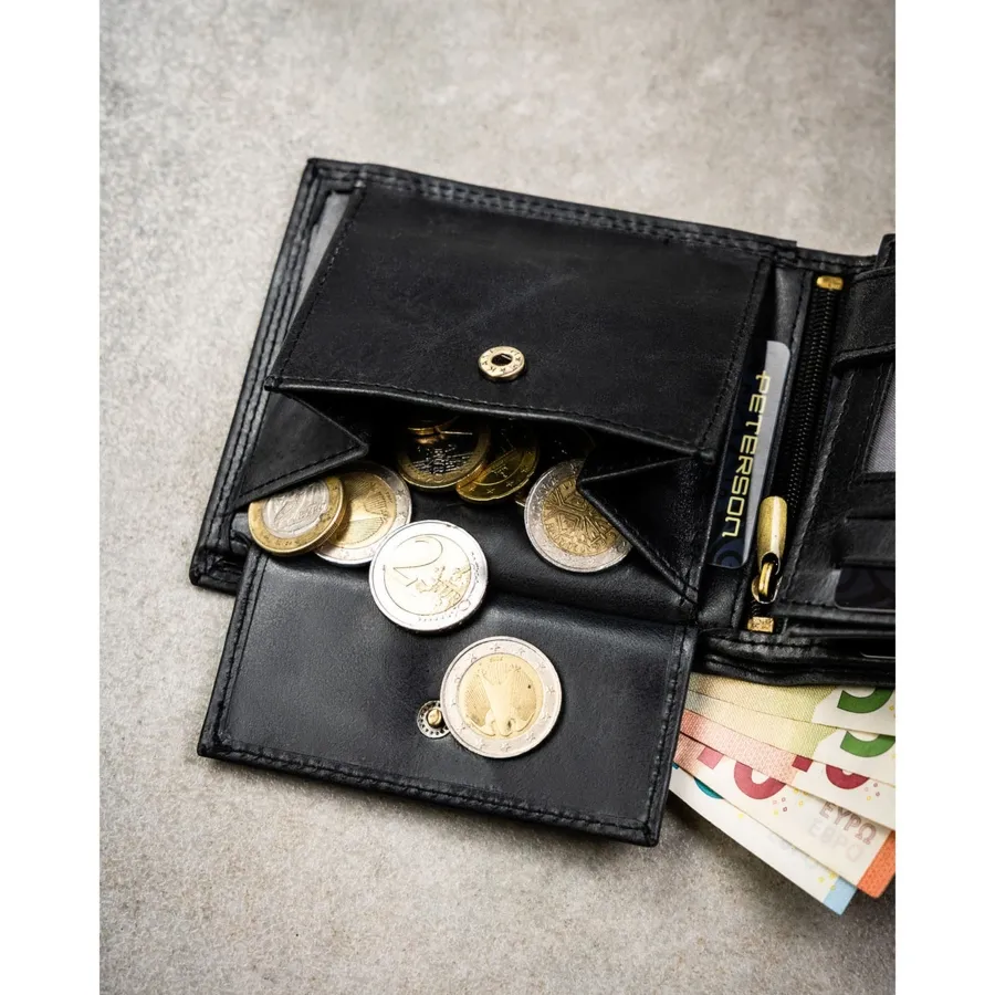 Duży, skórzany portfel męski w czarnym kolorze wyposażony w system RFID - Peterson