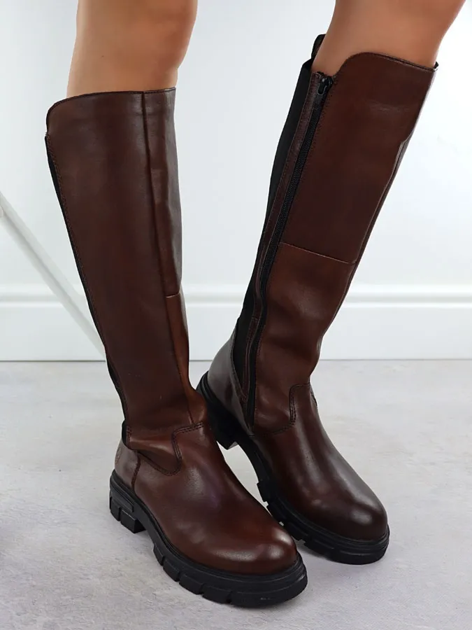 Skórzane kozaki damskie z gumą brązowe Rieker Z9158-27