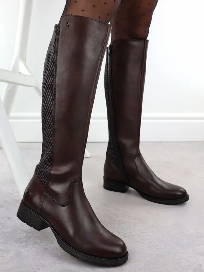 Skórzane brązowe kozaki z elastyczną gumą ocieplane Rieker Z9591-27