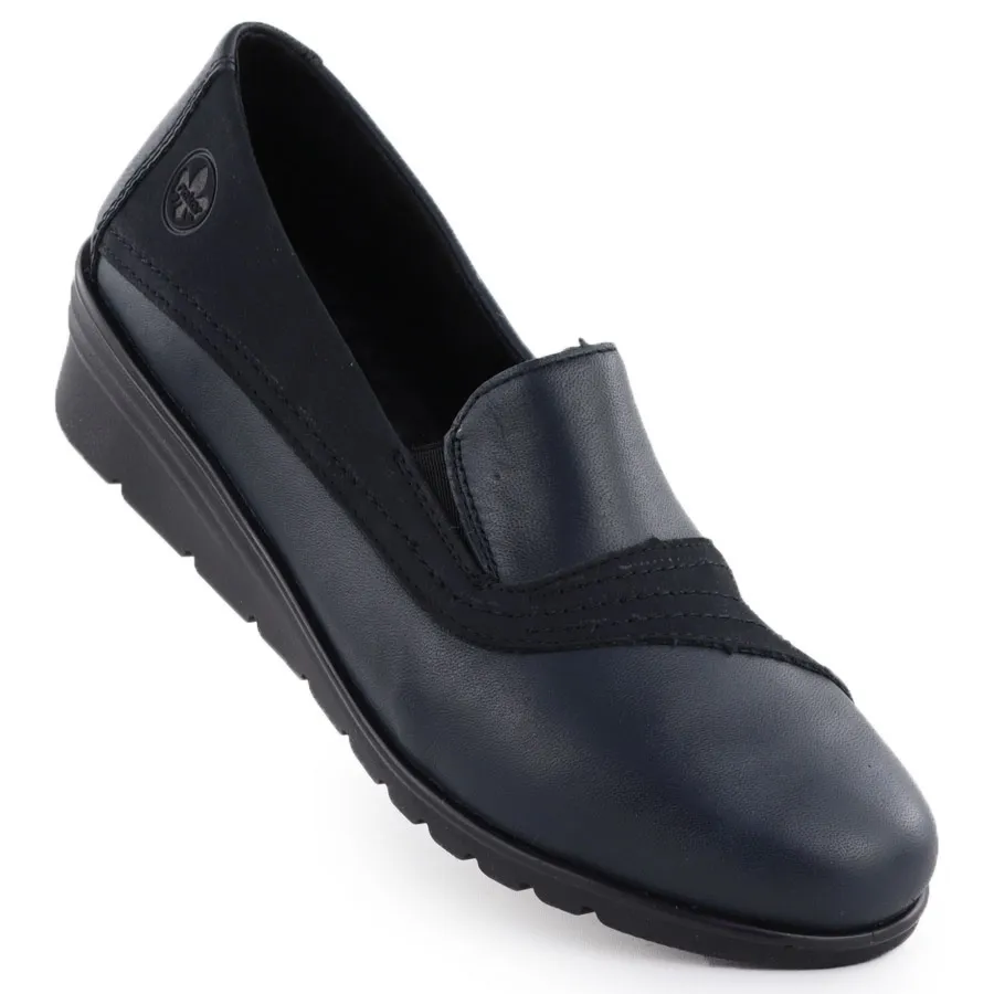 Skórzane półbuty damskie na koturnie granatowe Rieker L5356-14