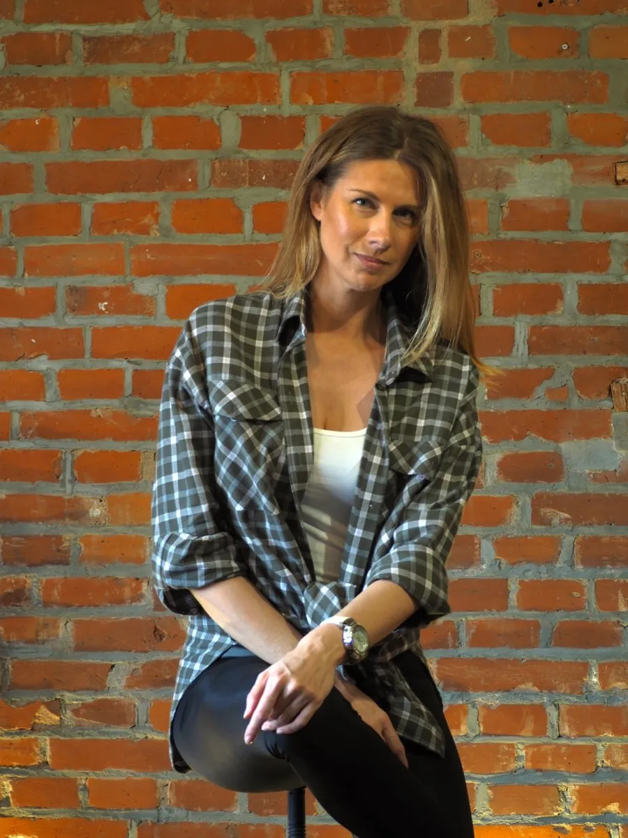 Koszula damska flanelowa oversize średnia długość LILLY ZIELEŃ/RÓŻ L