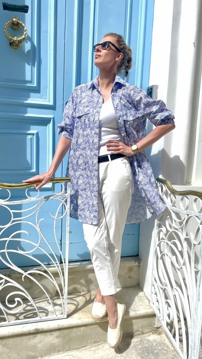 Koszula damska oversize długa VALENTINA NIEBIESKA W PALMY S