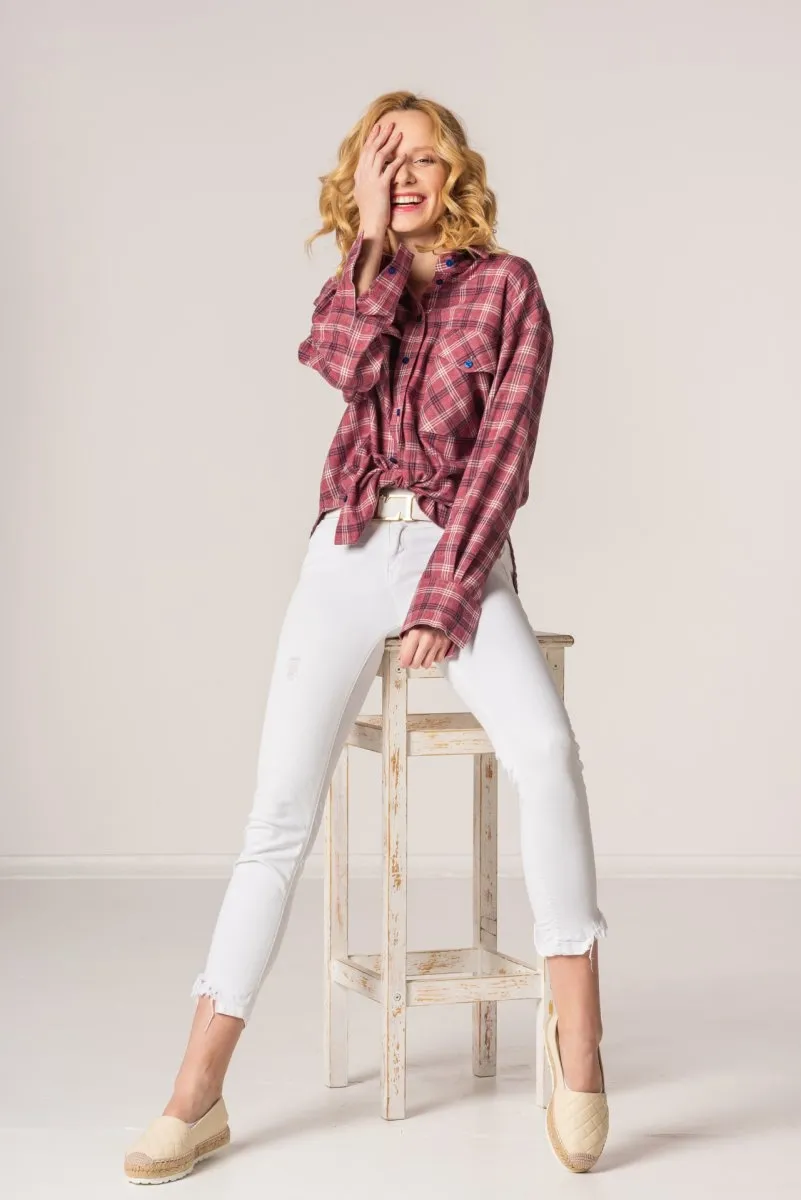 Koszula damska flanelowa oversize krótka AVA CZERWONA S