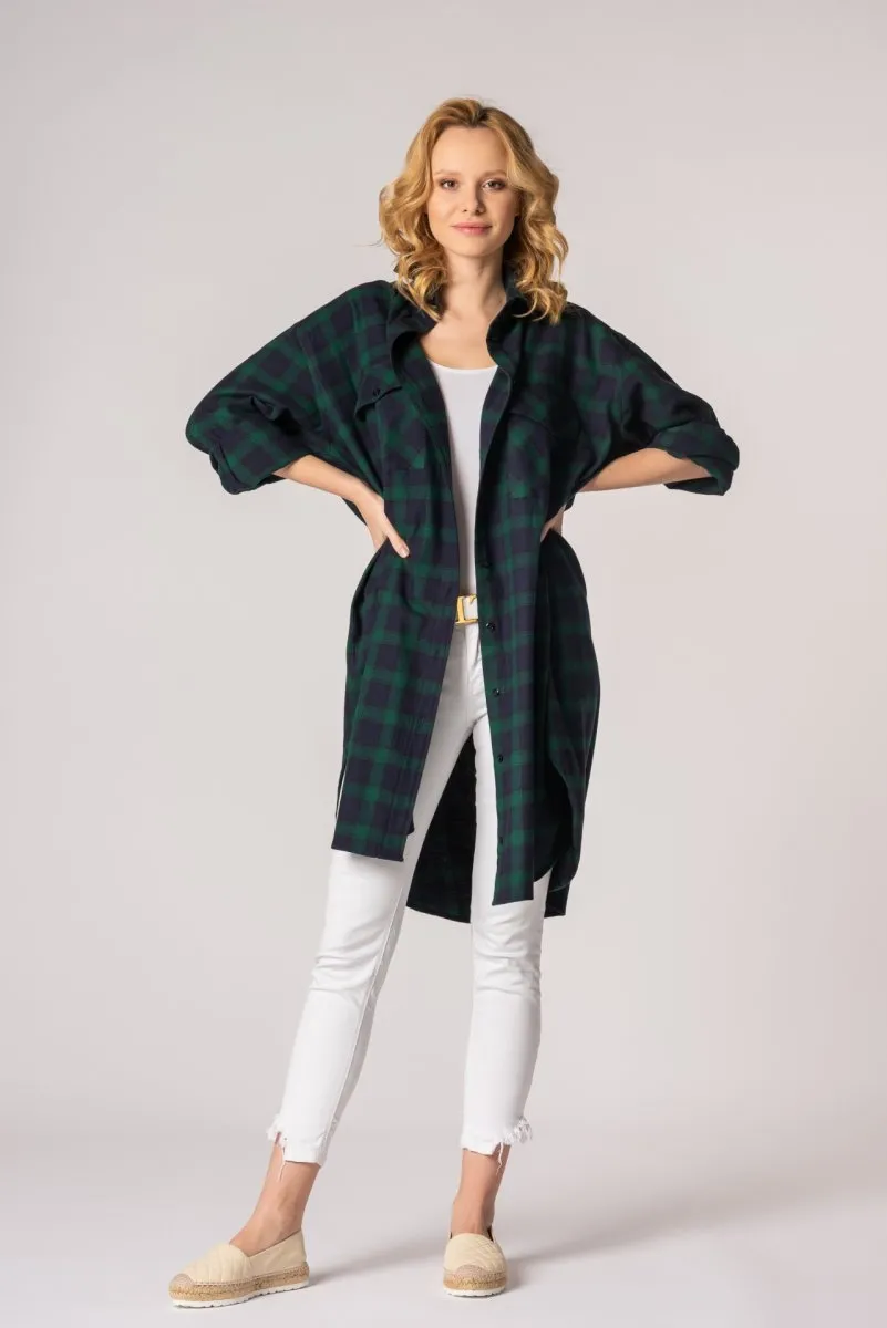 Koszula damska flanelowa oversize długa VALENTINA ZIELONA XL
