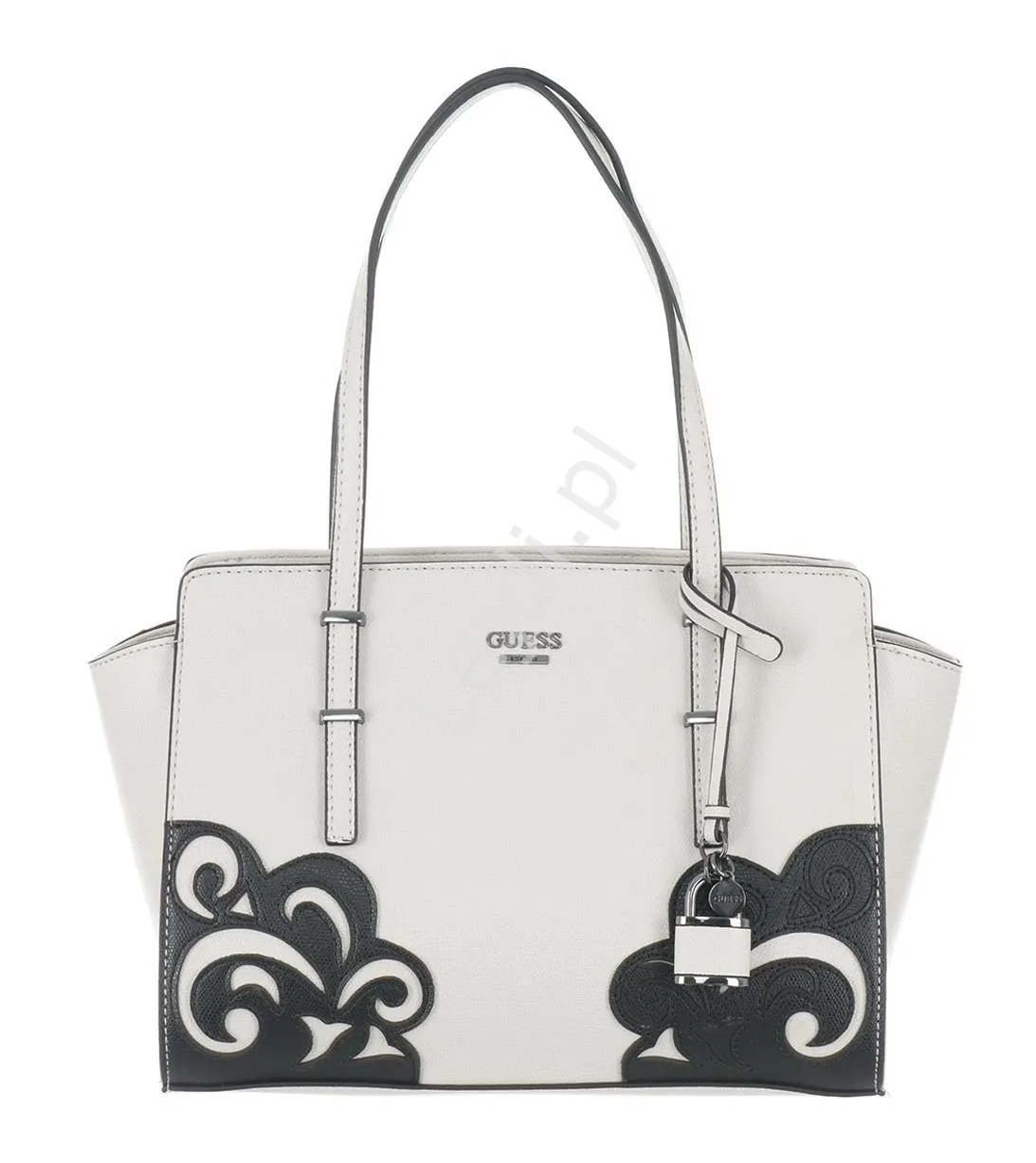Bardzo elegancka torebka Guess Devyn kolor stone z czarnymi aplikacjami