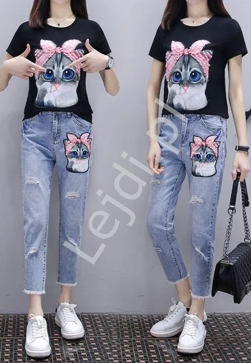 Zestaw 2- częściowy jeansy damskie z kotem oraz czarnym t-shirt z kotem