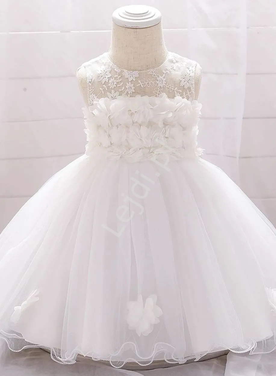 Biała sukienka na roczek i chrzest z kwiatkami 3D 1920