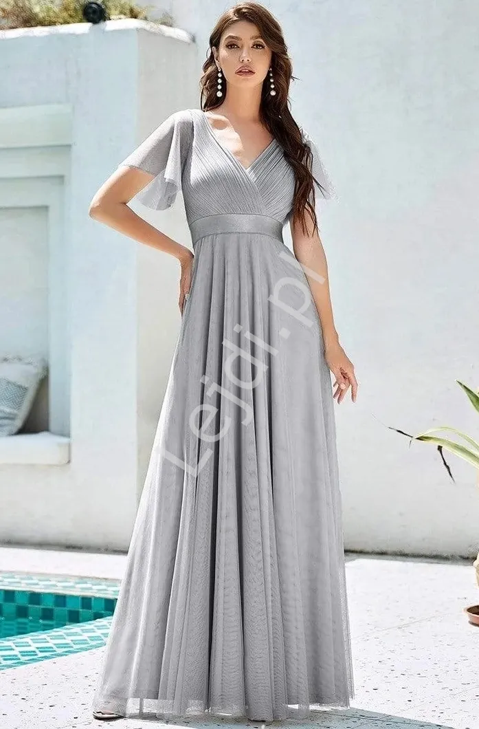 Szara sukienka wieczorowa na wesele z tiulu  7962 r.34 -r.52