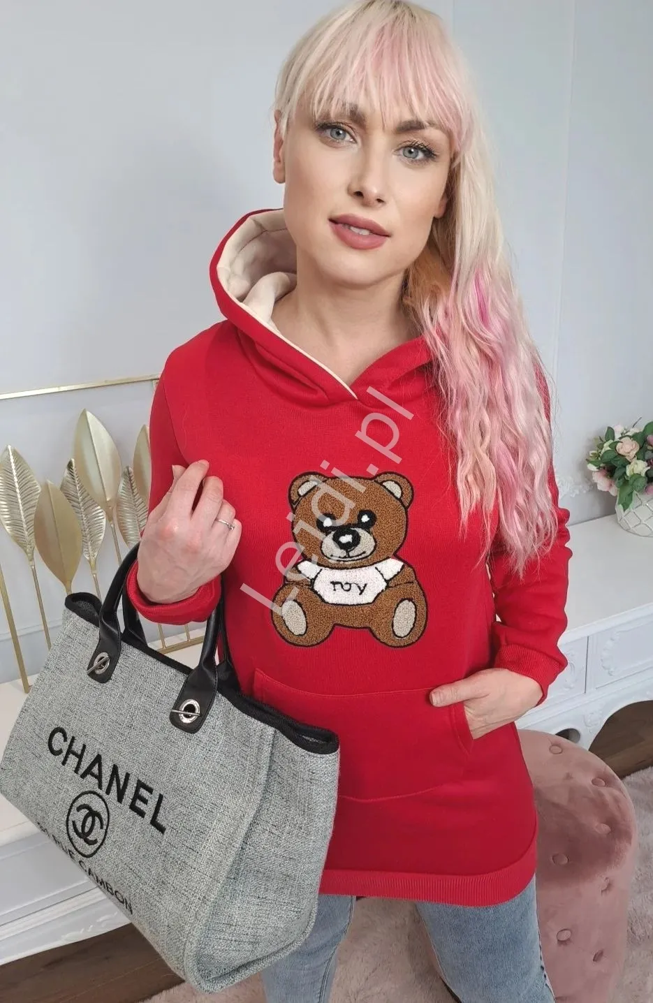 Czerwona ciepła sukienka z kapturem z misiem 3D 0803