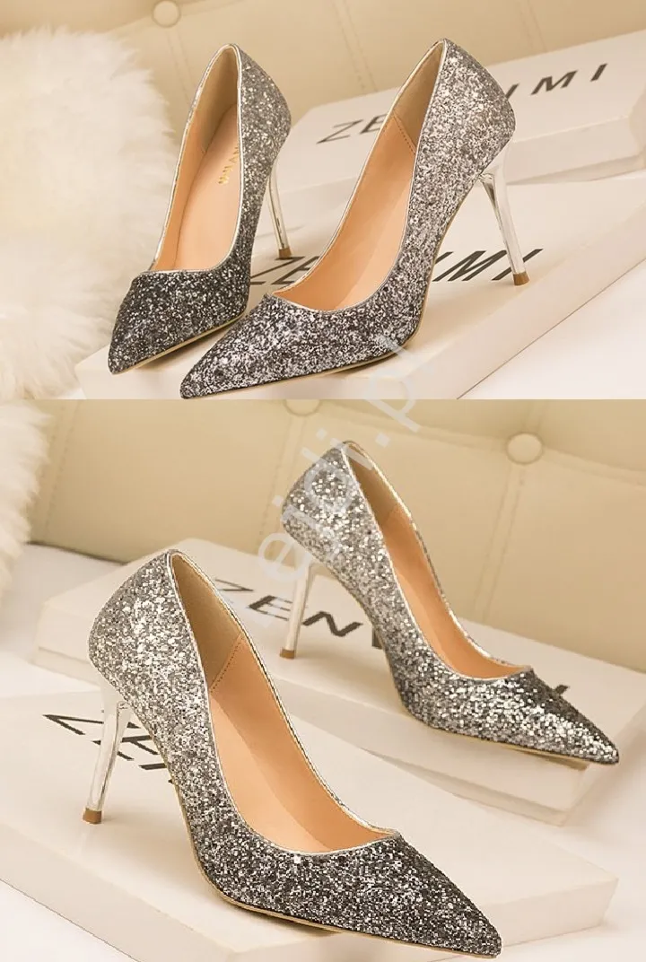 Brokatowe srebrno grafitowe szpilki ombre 7990