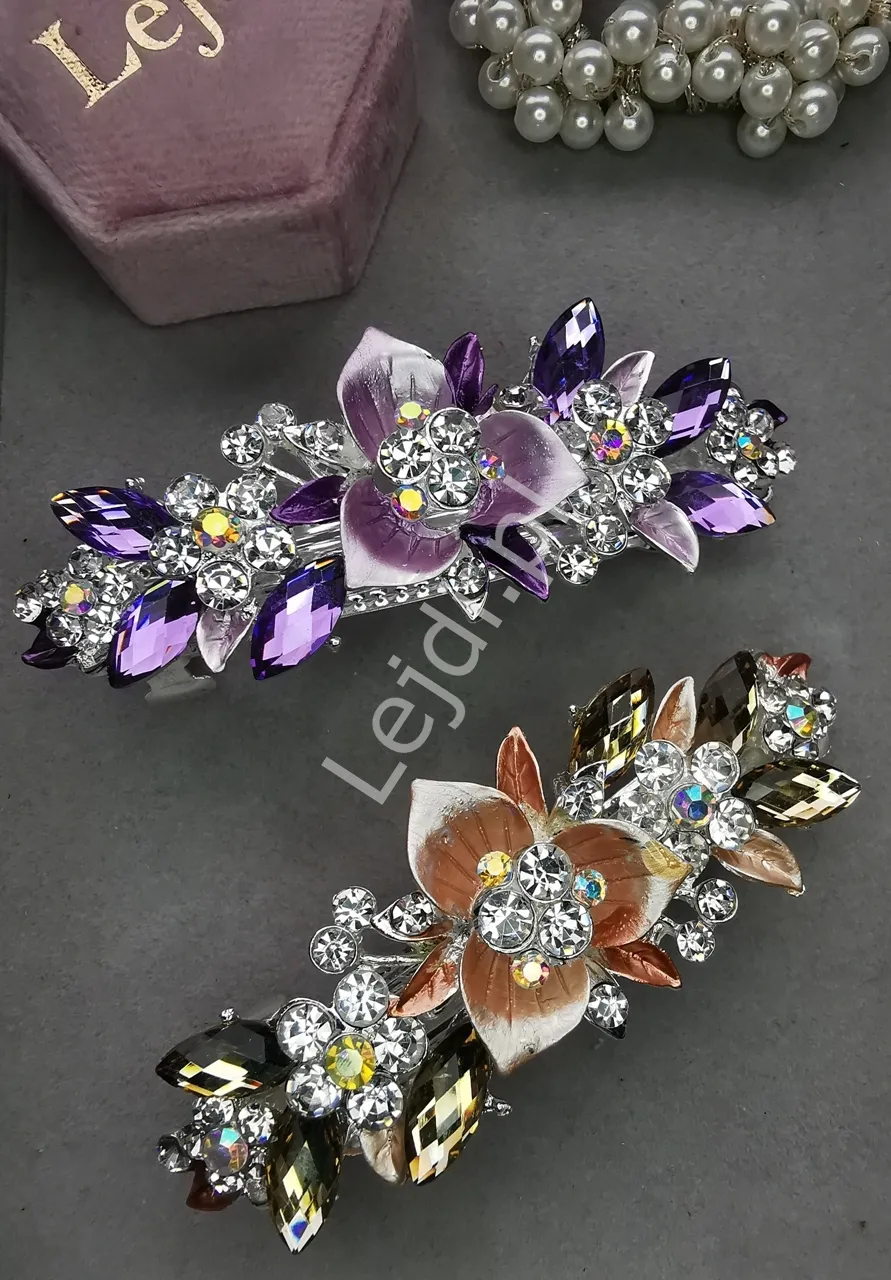 Karmelowa spinka do włosów kwiaty z kryształkami