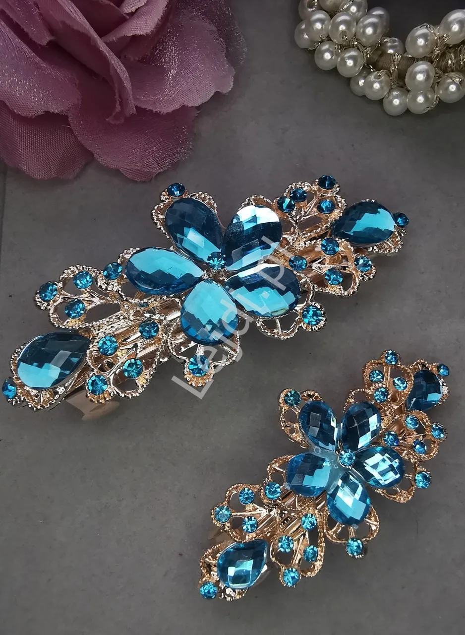 Złota spinka do włosów z błekitnymi kryształkami