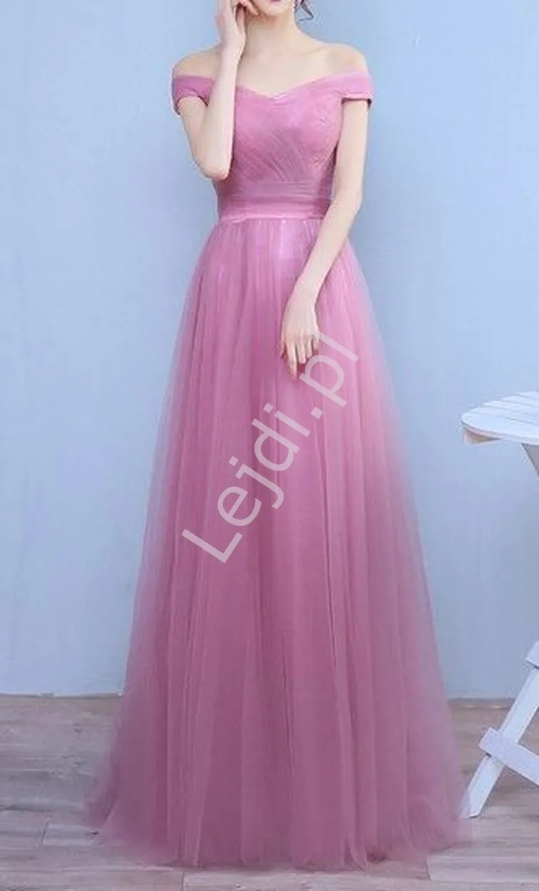 Tiulowa sukienka wieczorowa z dekoltem ala Hiszpanka- pudrowy róż 9931