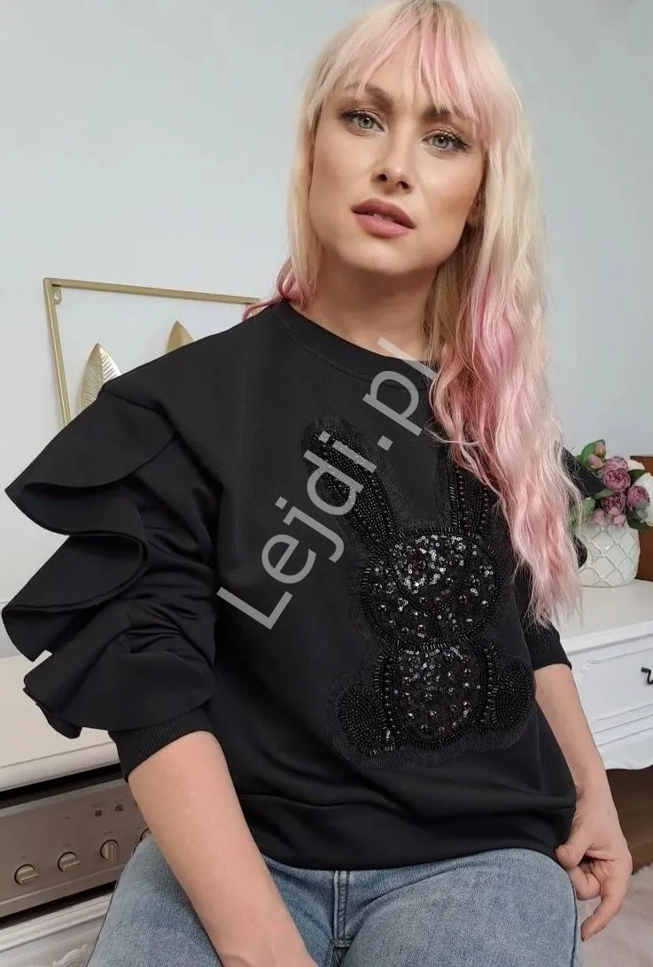Czarna stylowa bluza damska z kryształkowym królikiem rękaw 3/4, 1422