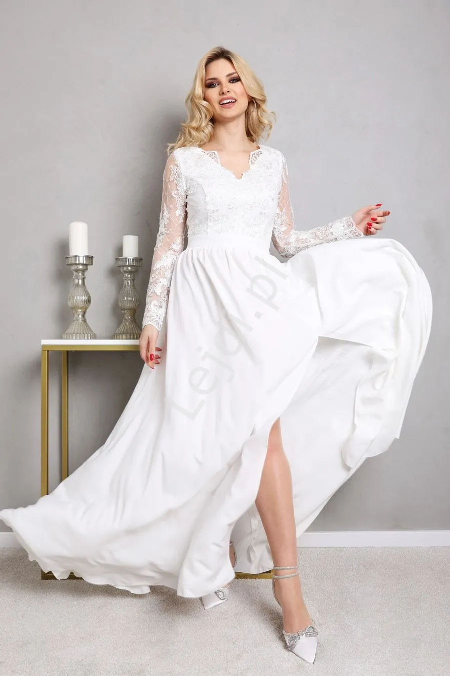 Biała sukienka z koronką w romby na ślub cywilny, wieczorowa Luna 2