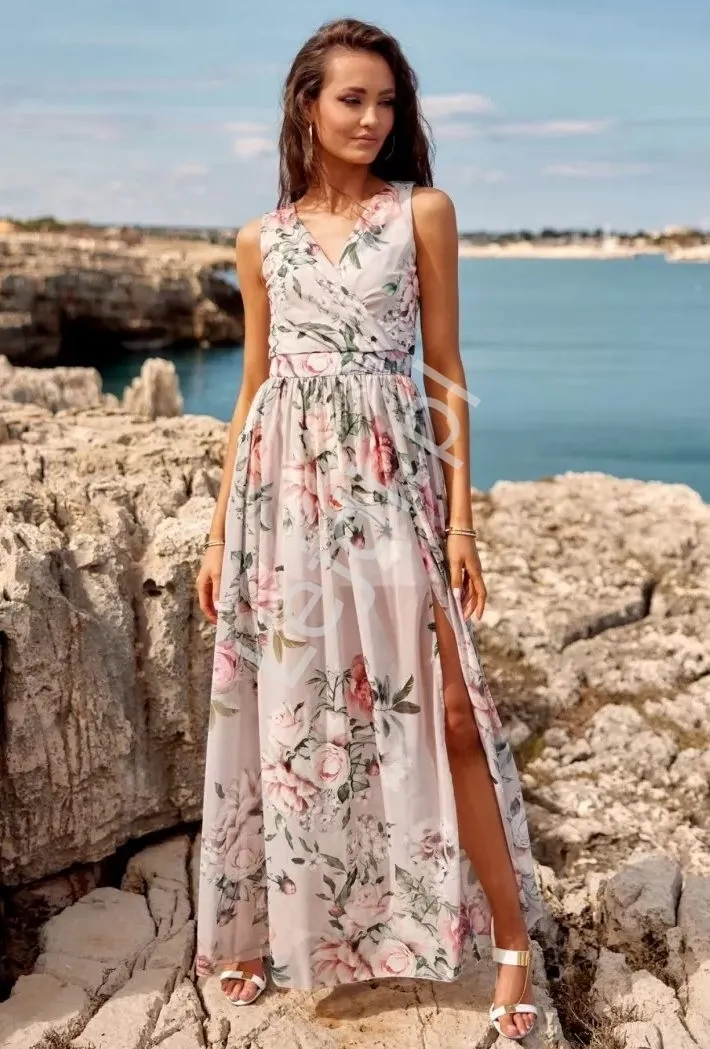 Kopertowa kwiecista sukienka  Roco szaro beżowa D02