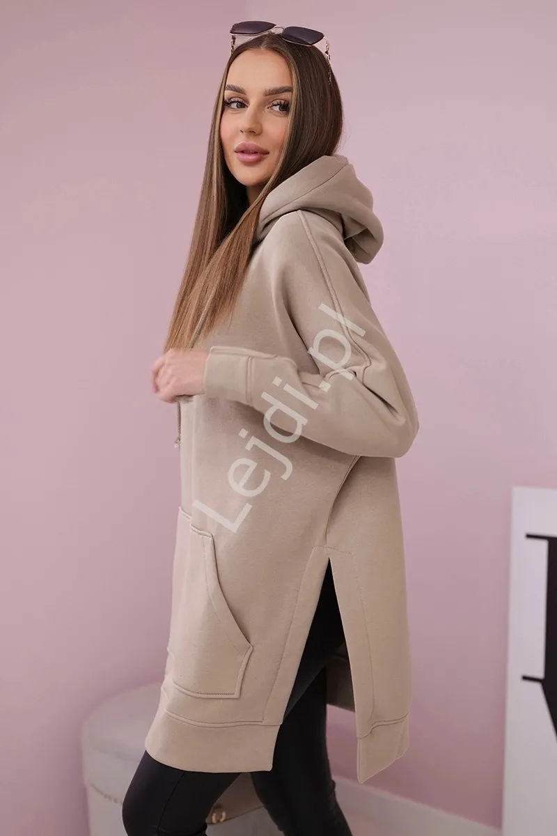 Jasno beżowa ciepła bluza damska na wiosnę, jesień i zimę z wydłużonym tyłem  9319