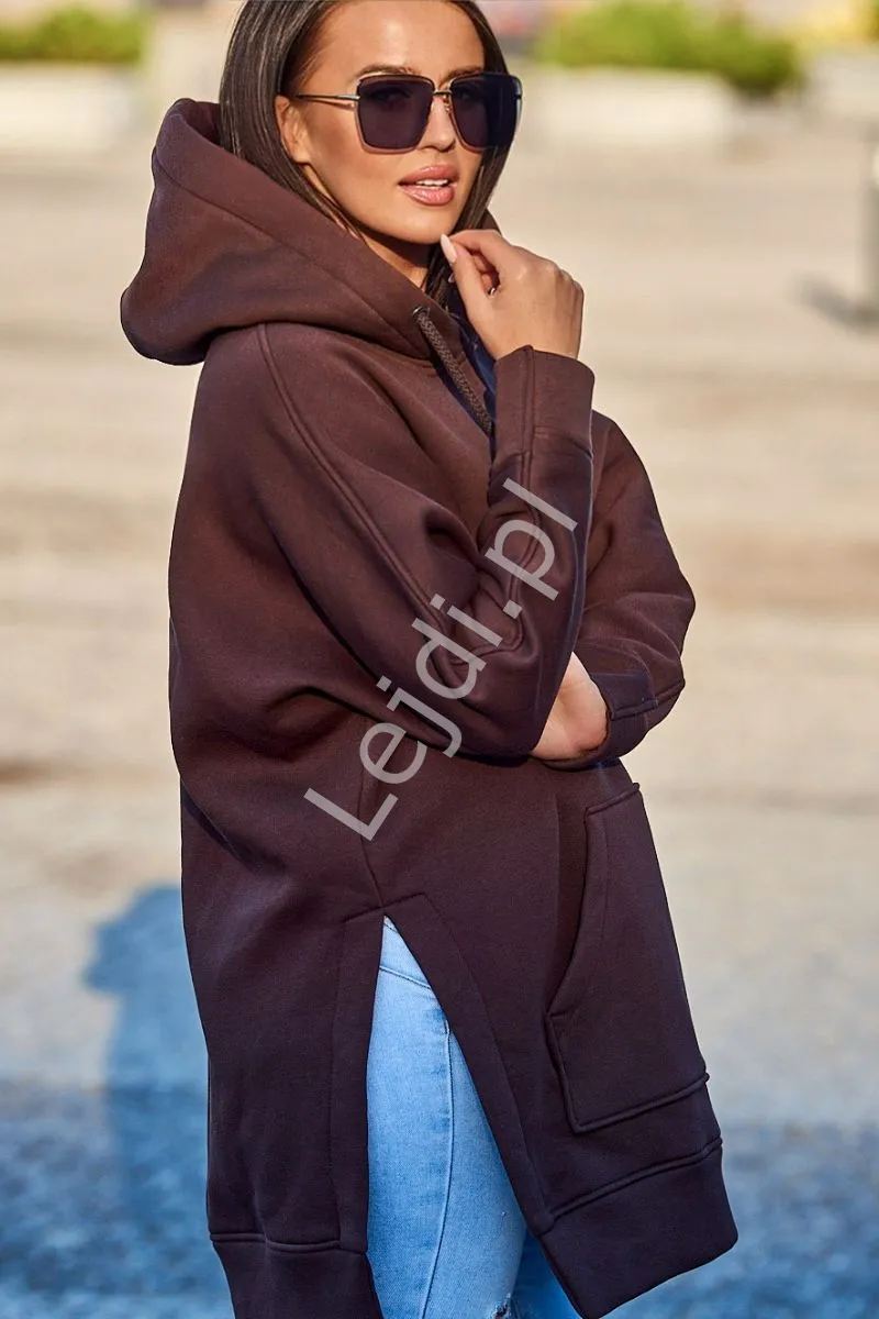 Brązowa ciepła bluza damska na wiosnę, jesień i zimę z wydłużonym tyłem  9319