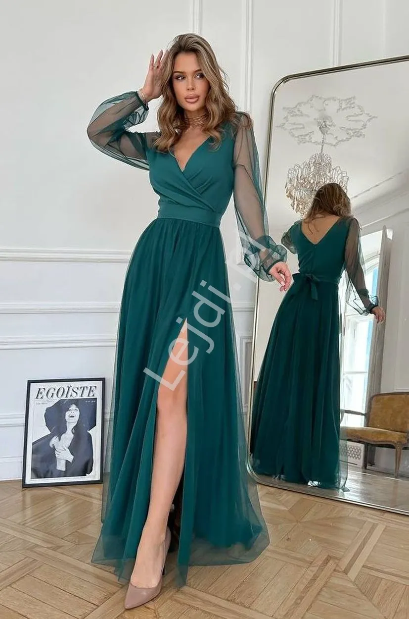 Butelkowo zielona sukienka wieczorowa o wyszczuplającym kroju HB302