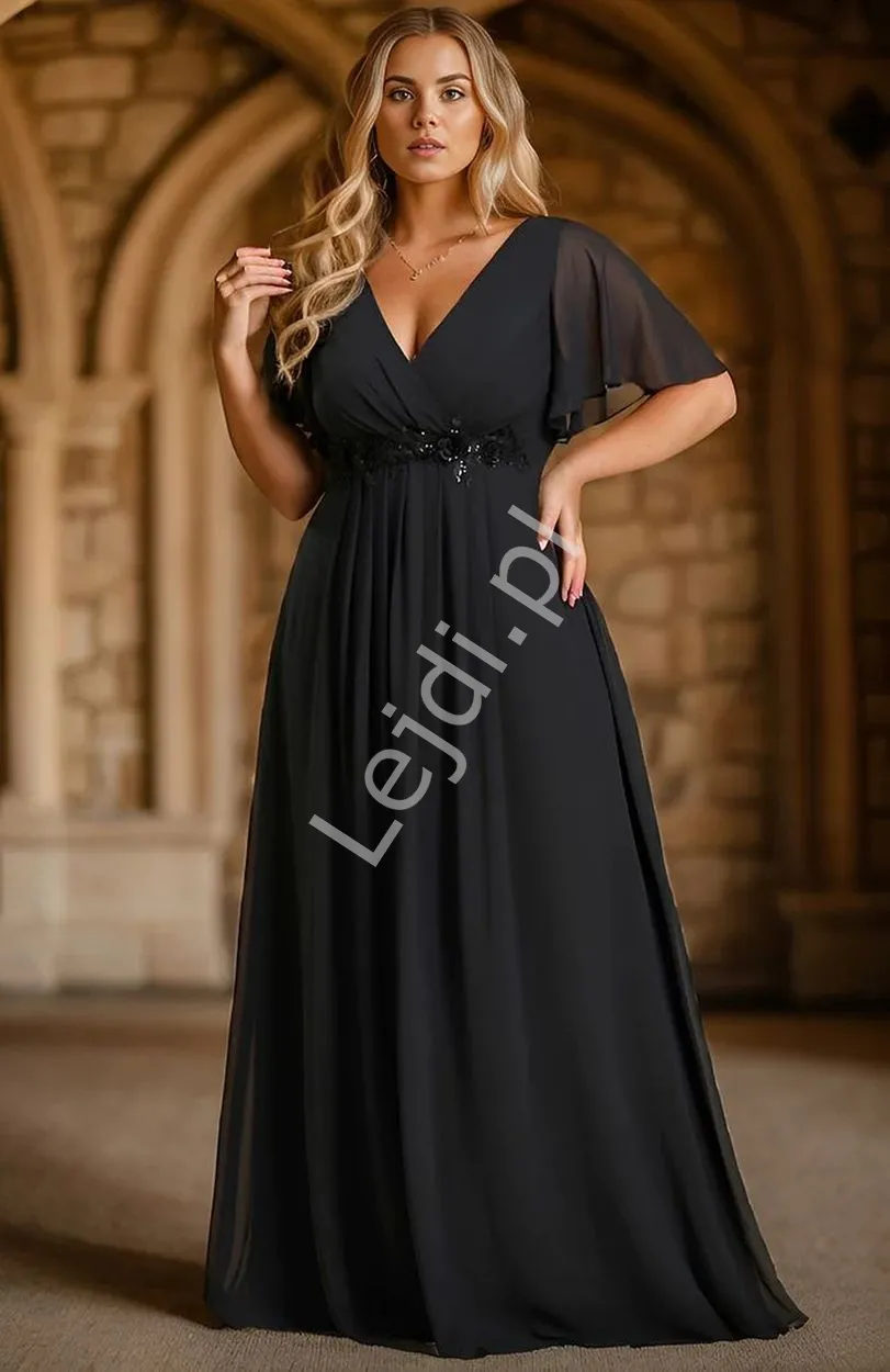 Czarna sukienka wieczorowa z rękawkami ala motylek, modna sukienka na wesele, na studniówkę 1960