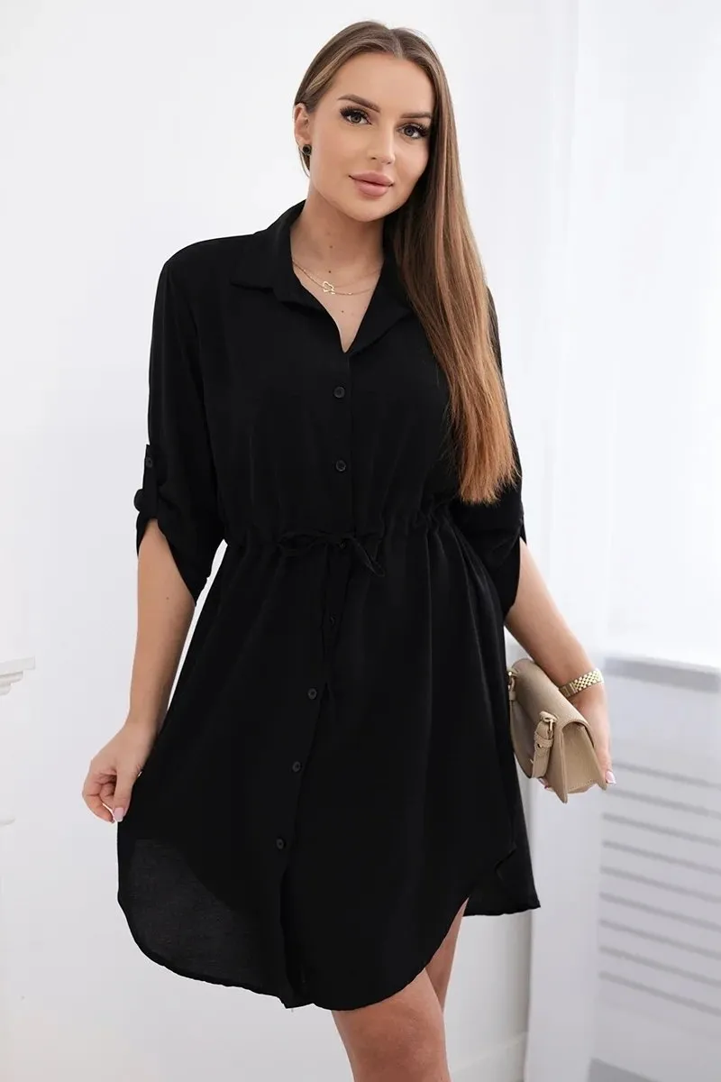 Sukienka z zapięciem na guziki i wiązaniem w talii czarna Marsala muślin