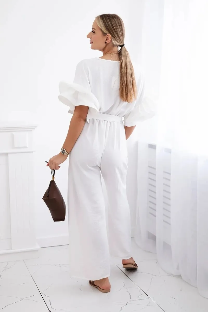 Kombinezon wiązany w talii z ozdobnym rękawem ecru