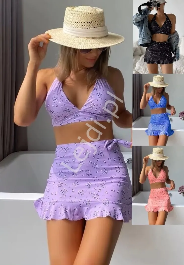 3 częściowy zestaw, bikini + spódniczka w łączkę, 3 kolory