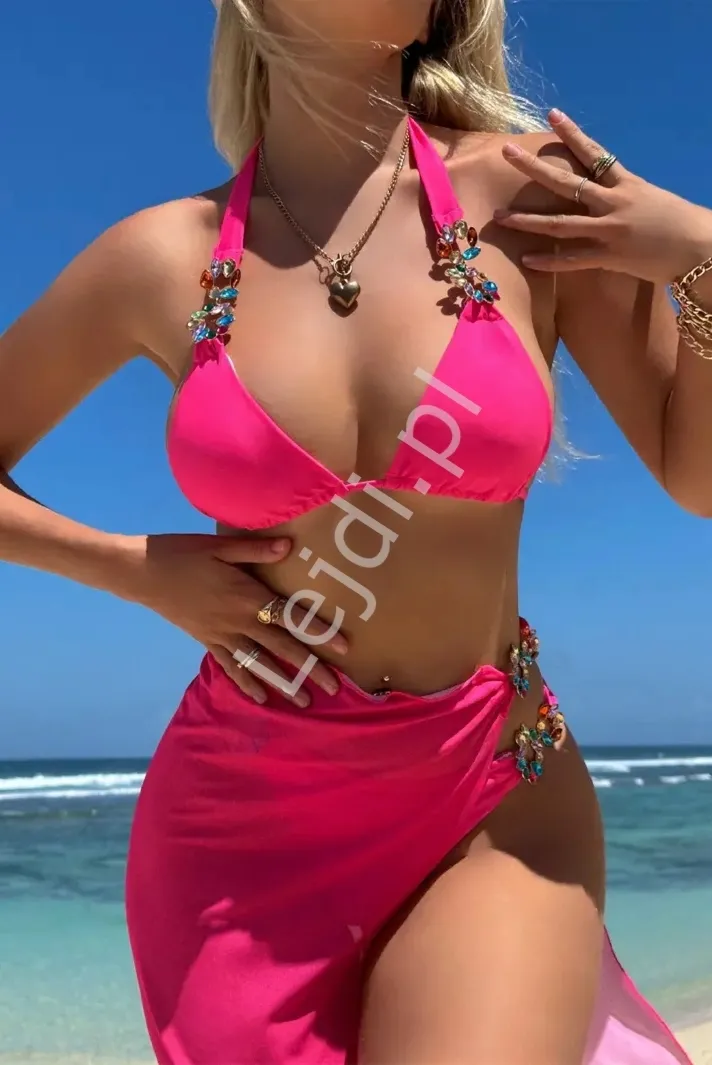 3 częsciowy komplet, bikini z kryształkami + pareo z kryształkami na bokach, fuksja