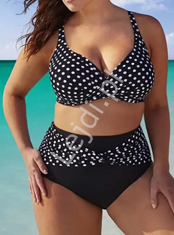 Czarne klasyczne  bikini w groszki Plus Size