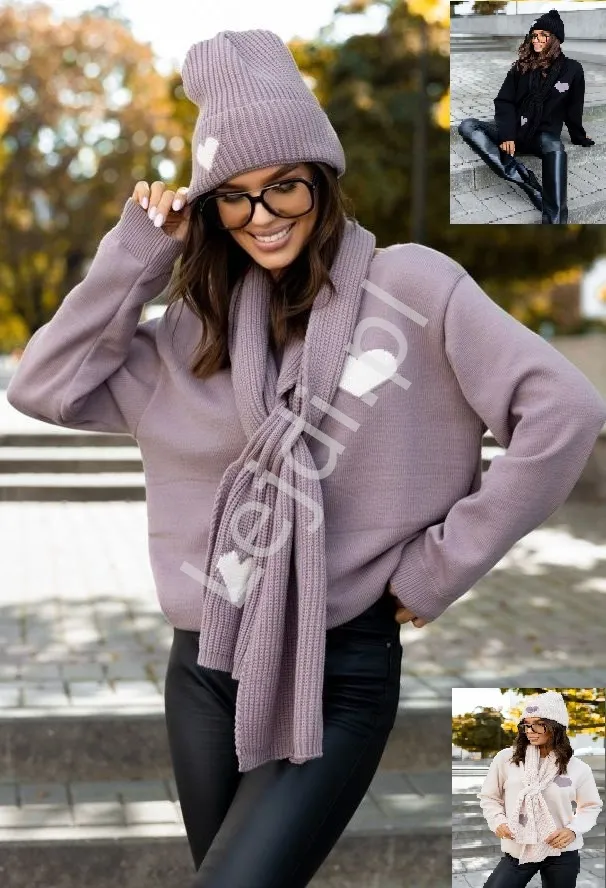 Komplet 3 częściowy sweter czapka i szalik z sercem HEART 3 kolory