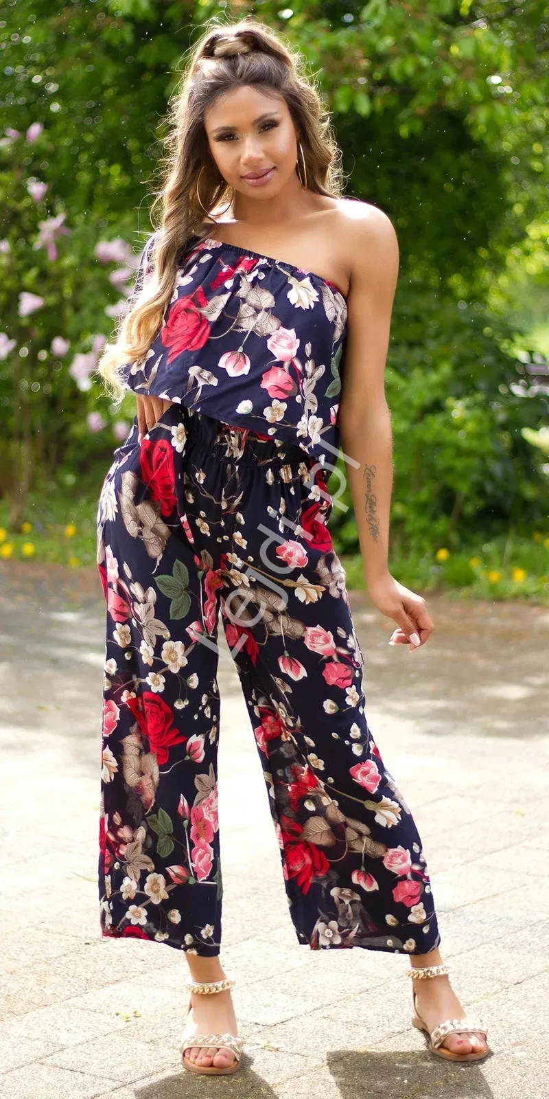 Wiskozowy granatowy kombinezon damski w kwiaty hiszpanka PARIS 798