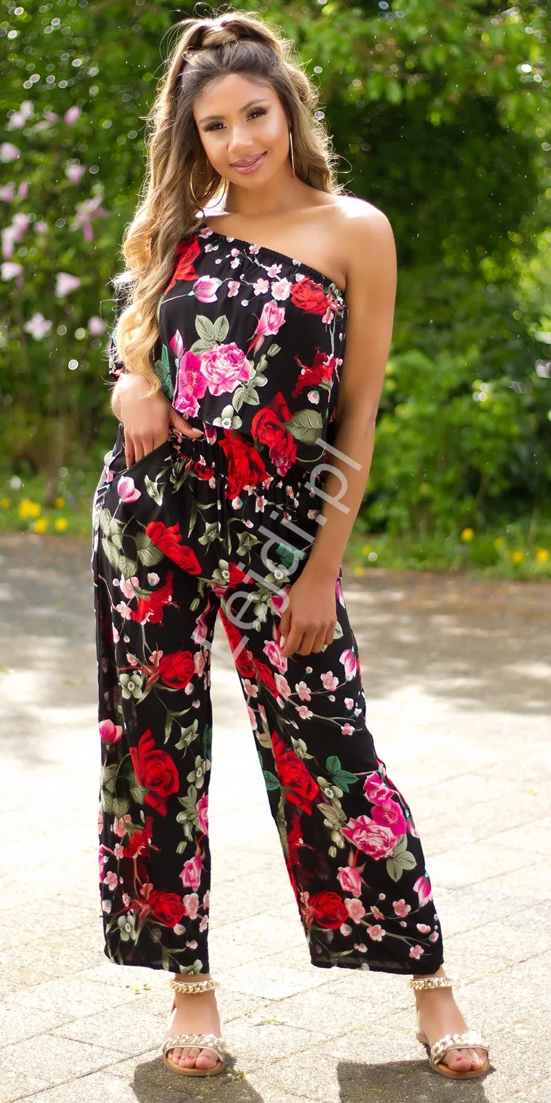 Wiskozowy czarny kombinezon damski w kwiaty hiszpanka PARIS 798