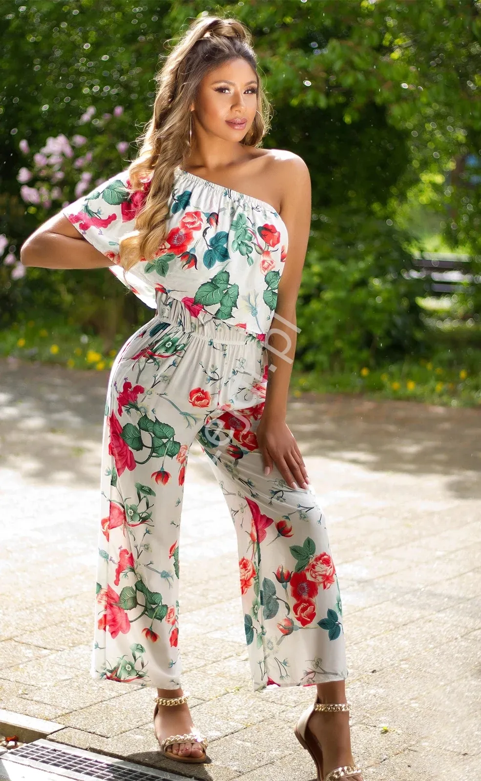 Wiskozowy jasny kombinezon damski w kwiaty hiszpanka PARIS 798