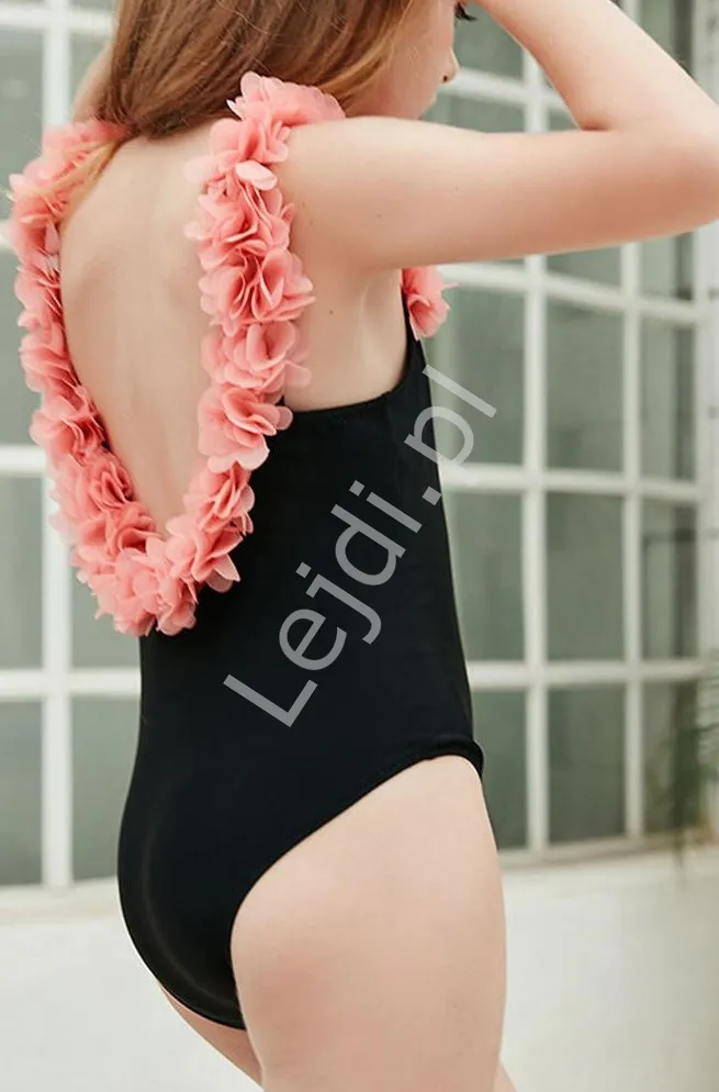 Czarny strój kąpielowy z kwiatkami 3D dla dziewczynek