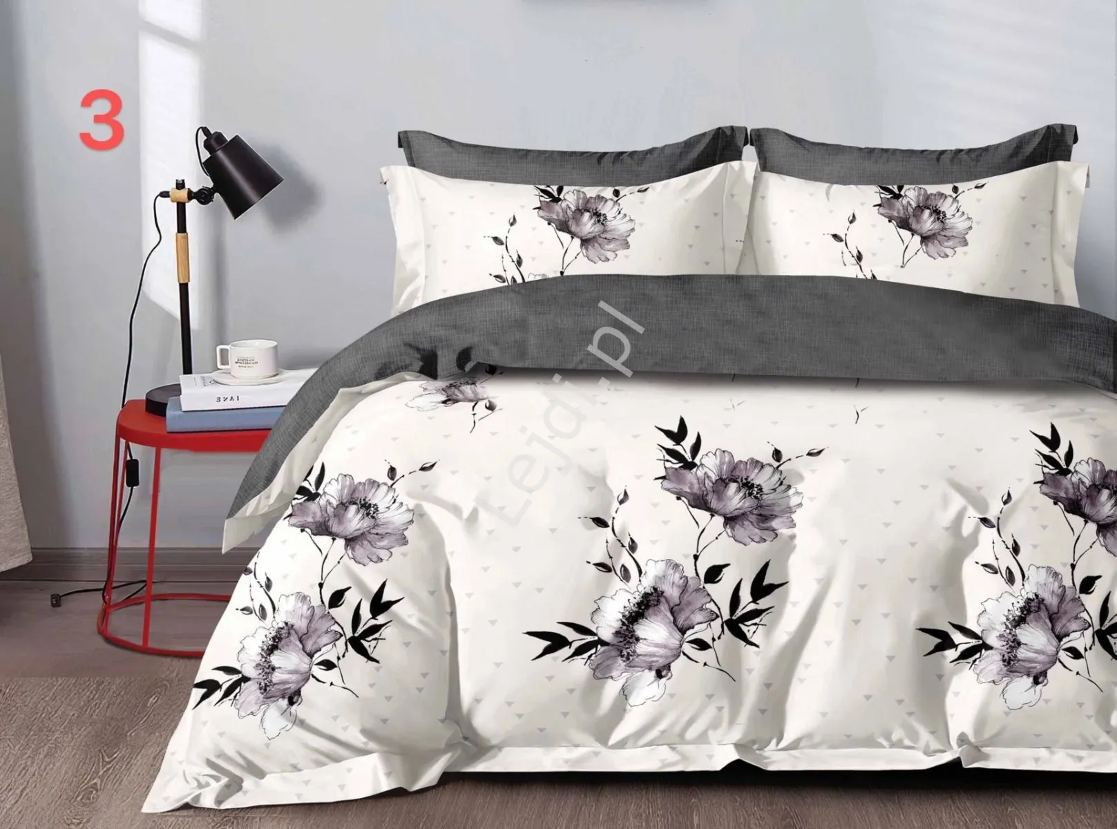 Elegancka pościel w szare kwiaty 3 częściowa 160cm x 200cm + poszewka na poduszkę 2x 70x80, Polski Producent
