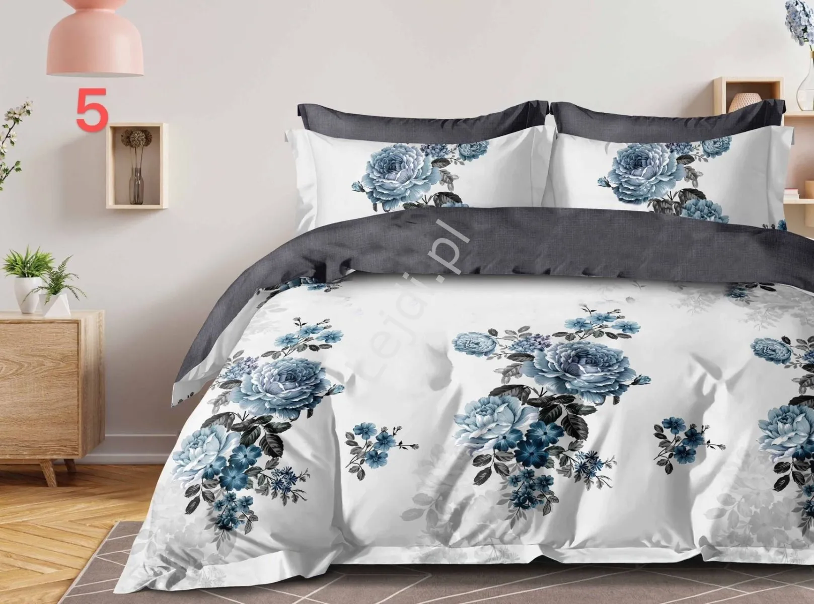 Elegancka pościel w niebieskie kwiaty 3 częściowa 160cm x 200cm + poszewka na poduszkę 2x 70x80, Polski Producent