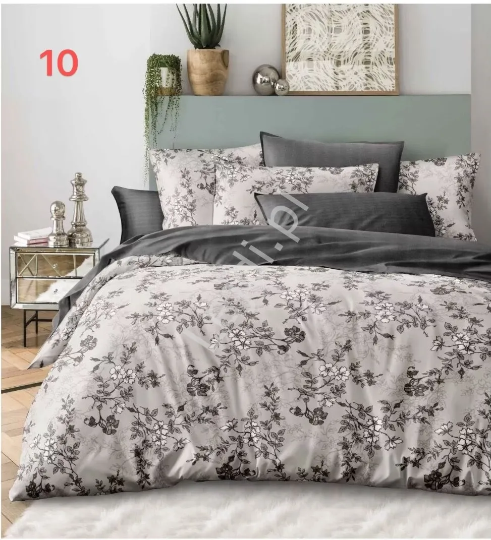 Elegancki komplet szarej pościeli z motywem roślinnym 3 częściowy 160cm x 200cm + poszewka na poduszkę 2x 70x80, Polski Producent